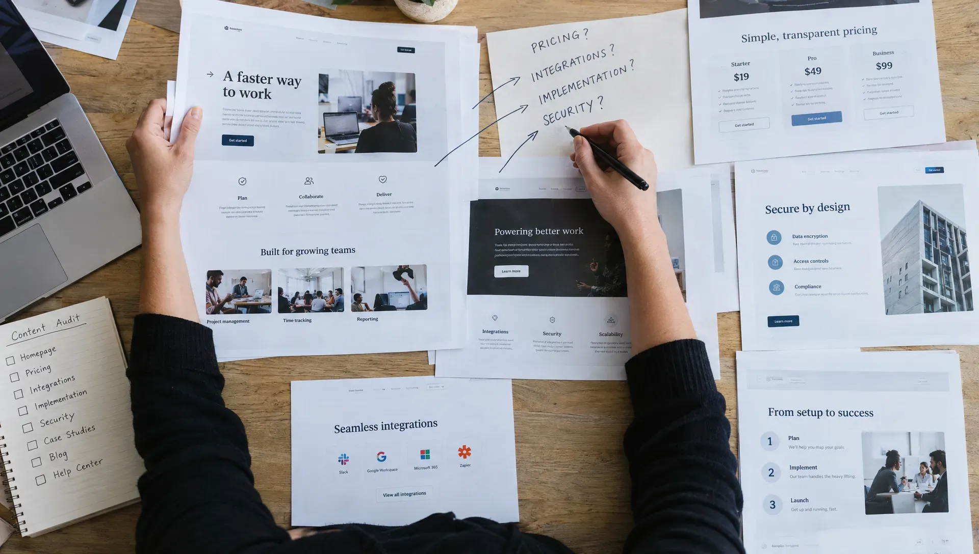 A content editor marks draft website pages to make answers about pricing, integrations, implementation and security easier to find.