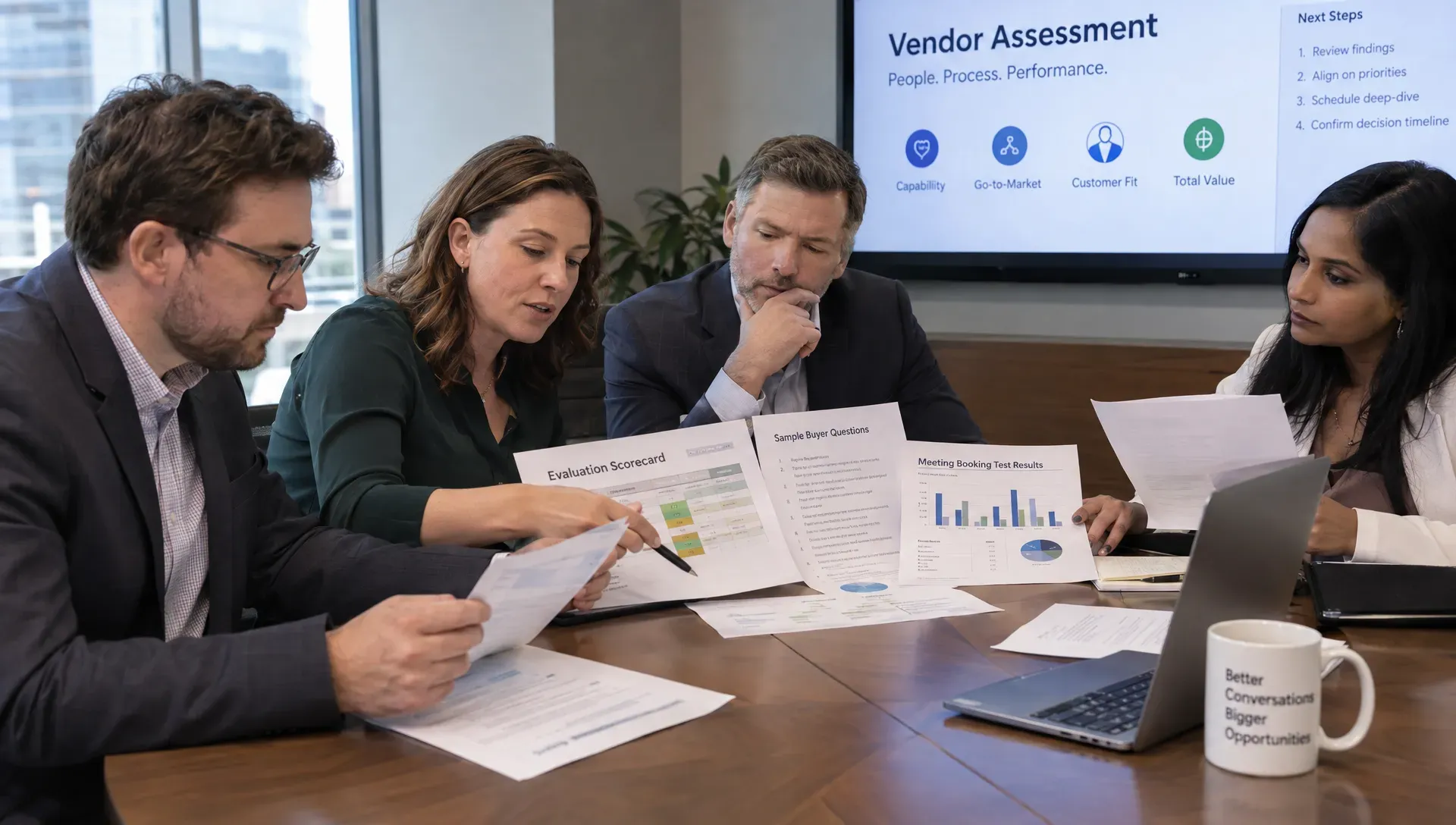 A B2B sales team reviews printed evaluation scorecards, sample buyer questions and meeting-booking test results around a conference table during a vendor assessment.
