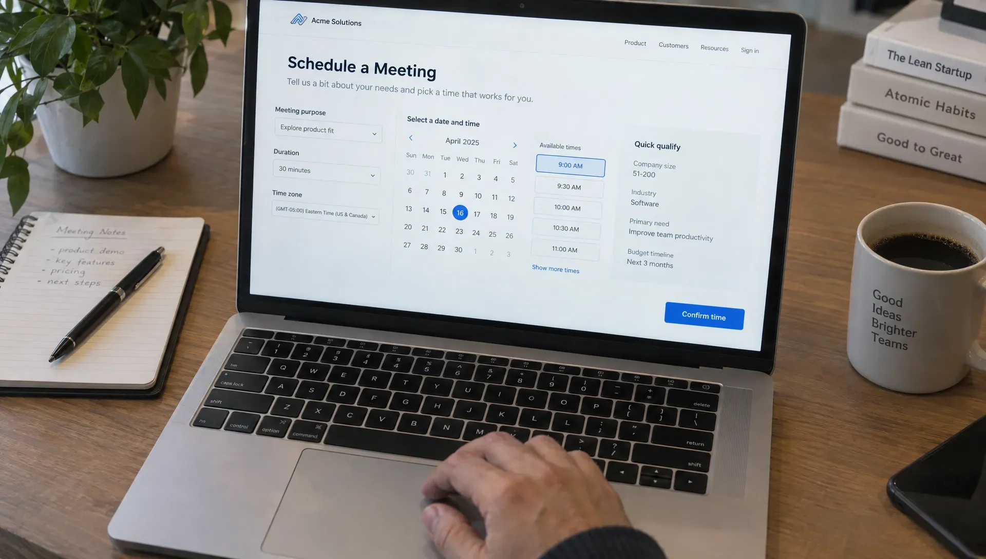 A laptop scheduling page lists a meeting purpose, duration, time zone and open dates beside a brief qualification summary.