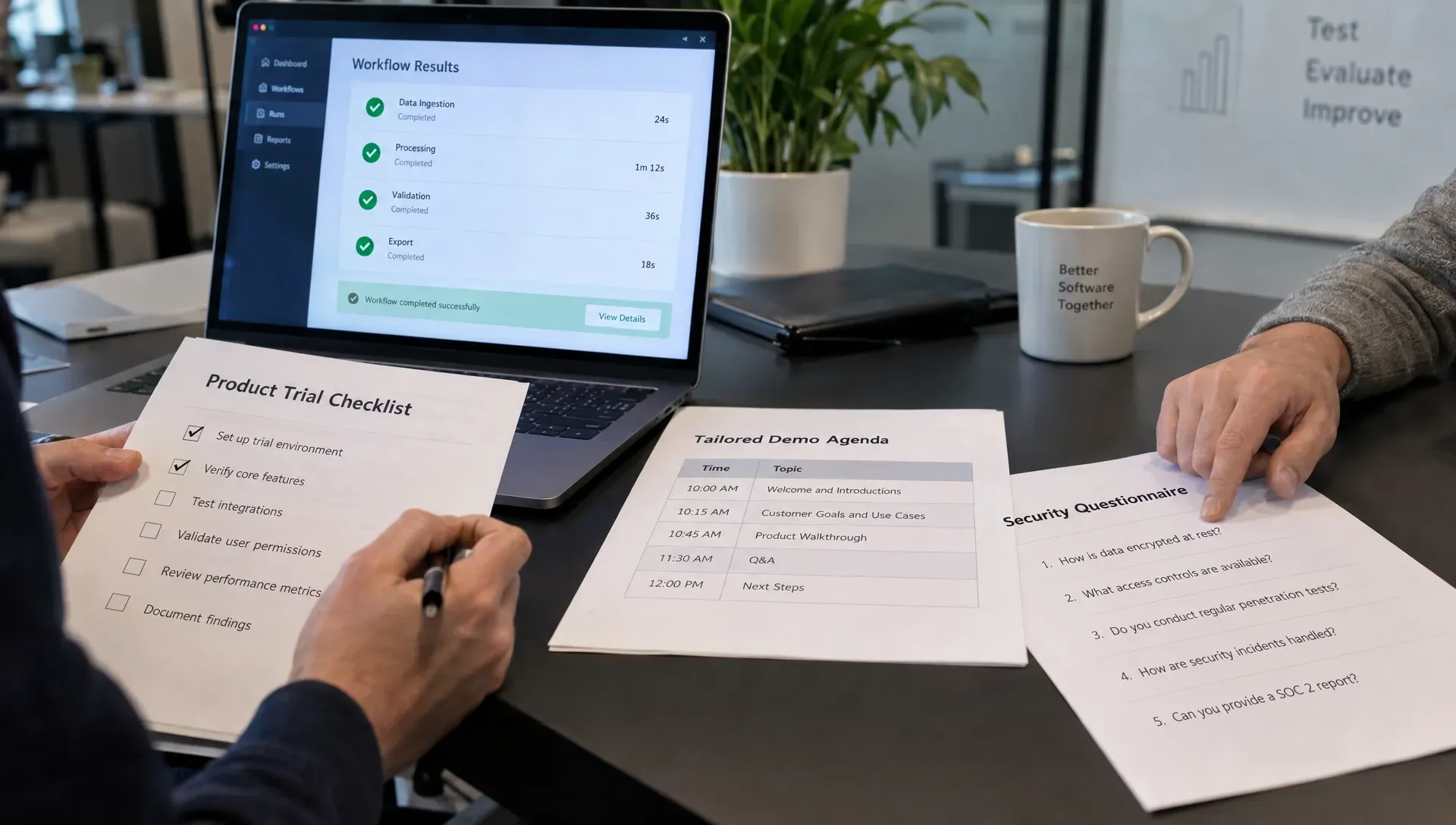 A laptop with sample workflow results sits beside a trial checklist, demo agenda and security questionnaire for SaaS B2B sales evaluation.