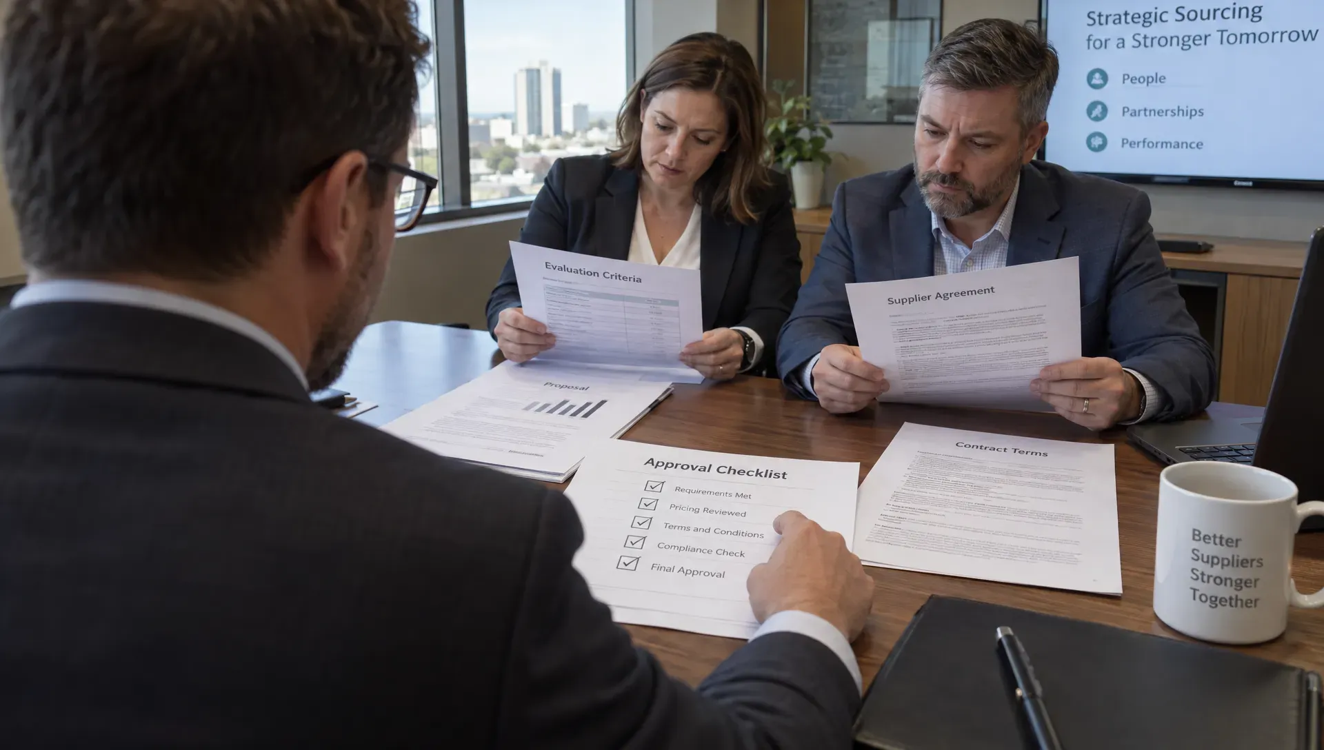 A procurement reviewer and colleagues compare contract terms, evaluation criteria, and approval steps for a B2B sales proposal.