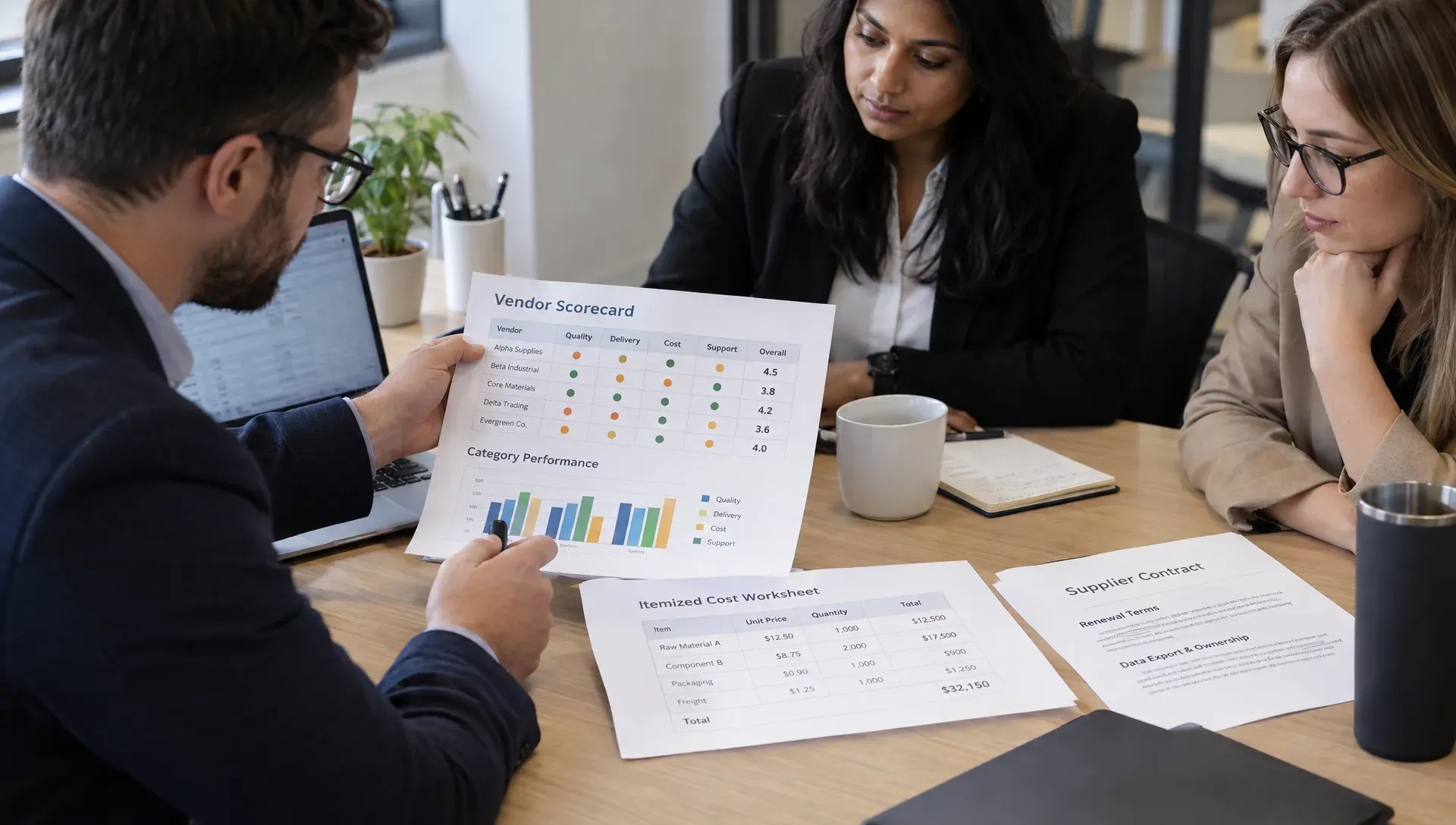 A procurement team reviews a printed vendor scorecard and itemized cost worksheet beside a contract marked for renewal and data export terms.