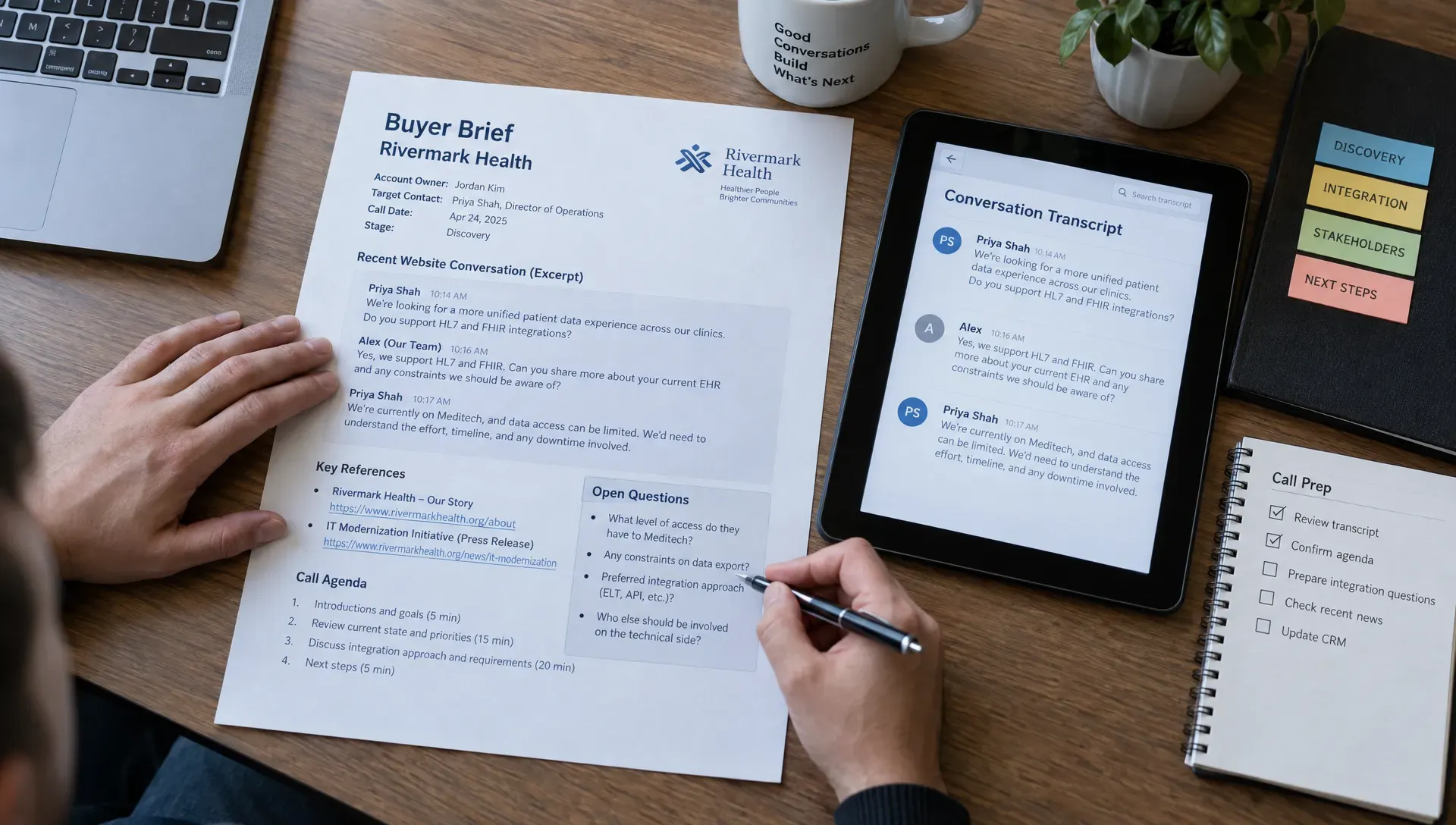 A representative marks an integration question on a buyer brief beside the website conversation source before a sales meeting.