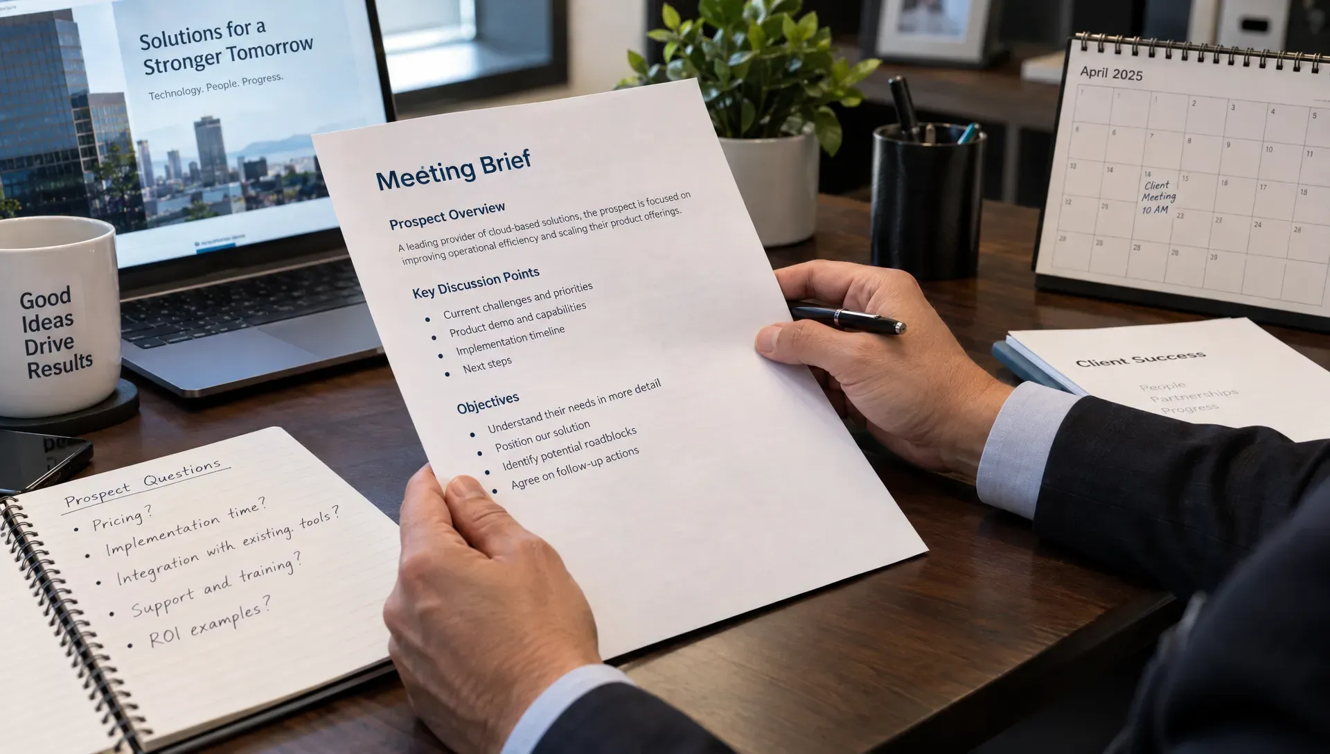 A representative’s hands review a printed meeting brief beside a calendar and notes on a prospect’s questions at a sales office desk.