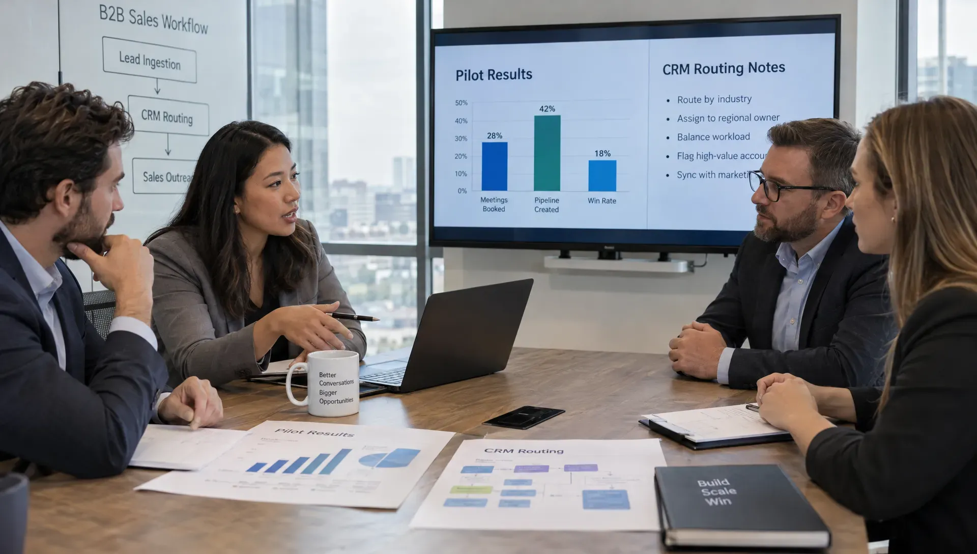 A sales operations team compares pilot results and CRM routing notes on a meeting table while evaluating a B2B sales workflow.