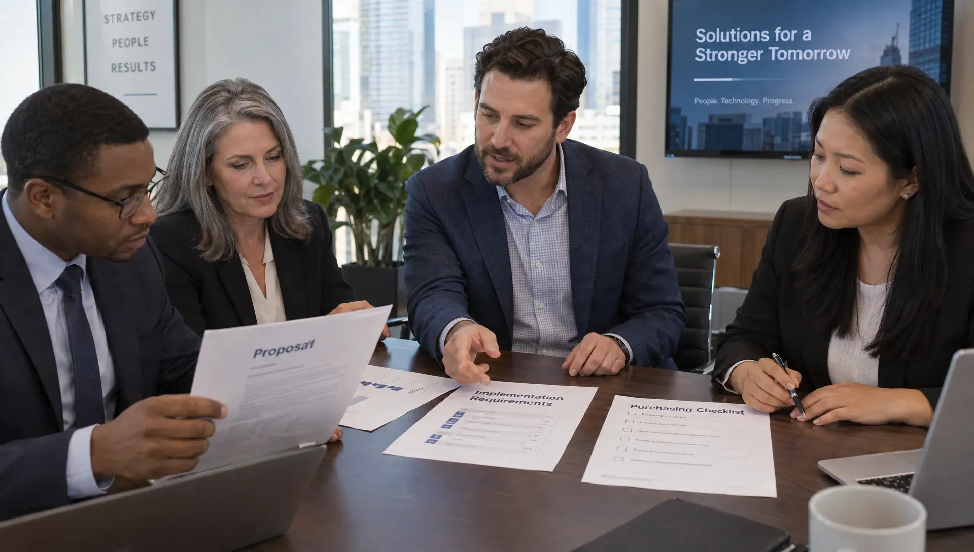 A seller and several business stakeholders review a printed proposal, implementation requirements and a purchasing checklist at a conference table.