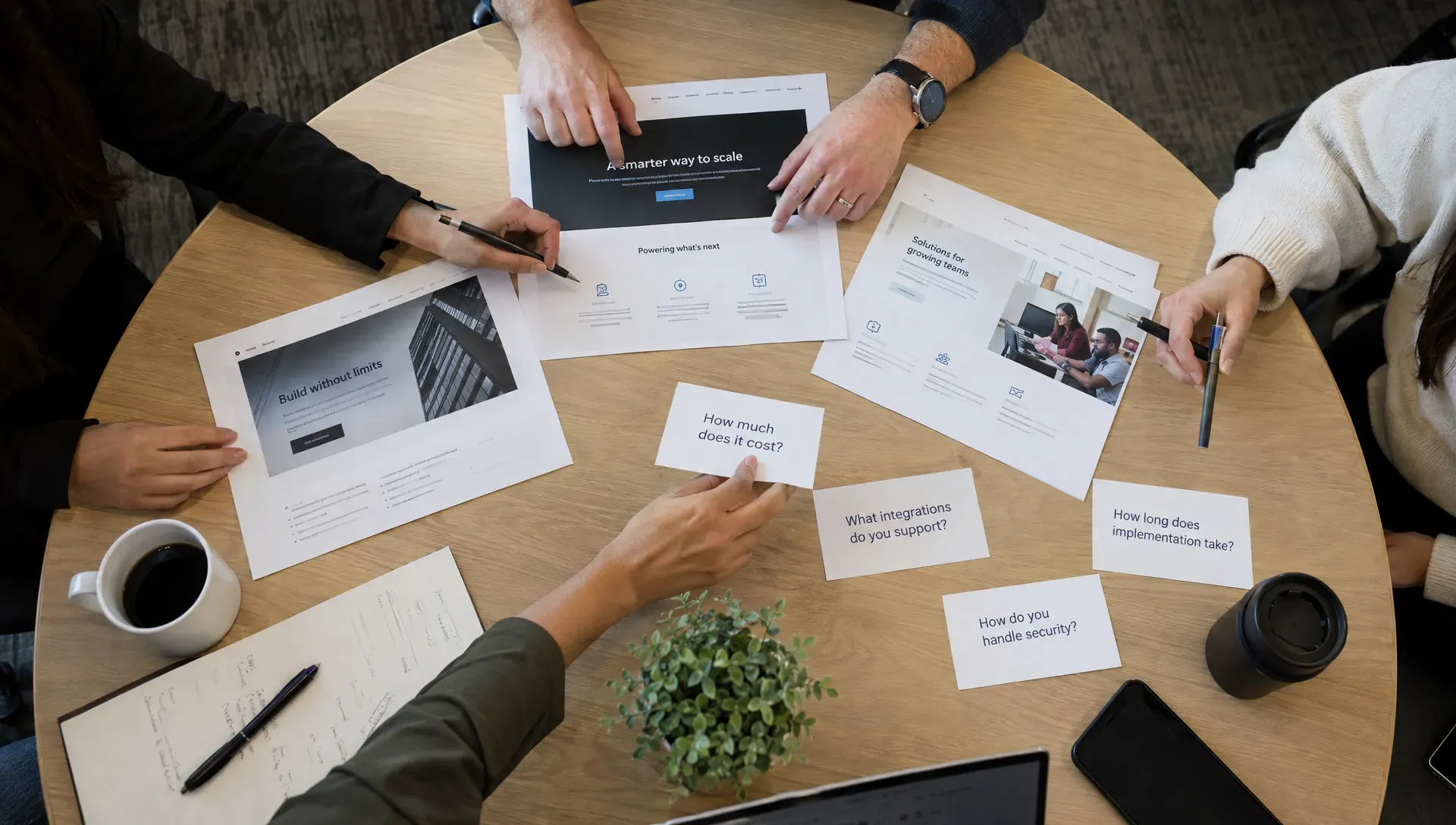 B2B marketers and sales staff sort printed website pages and visitor questions about pricing, integrations, implementation and security during a content review.