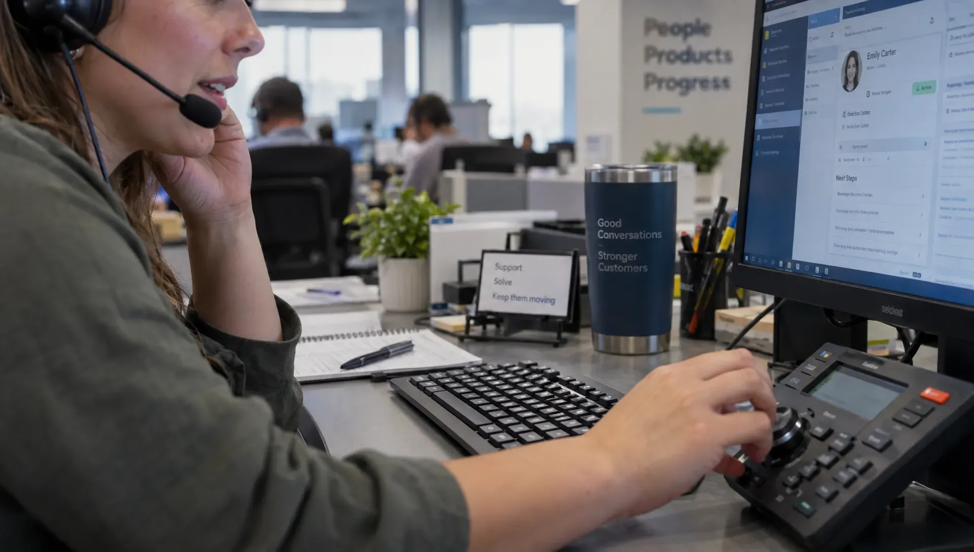 A sales agent adjusts a headset during a buyer conversation, capturing the live interaction behind a B2B sales handoff.