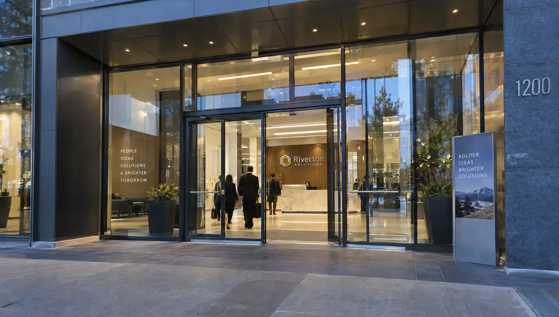 Visitors pass through a company's glass entrance, the first step in an inbound journey toward a sales conversation.
