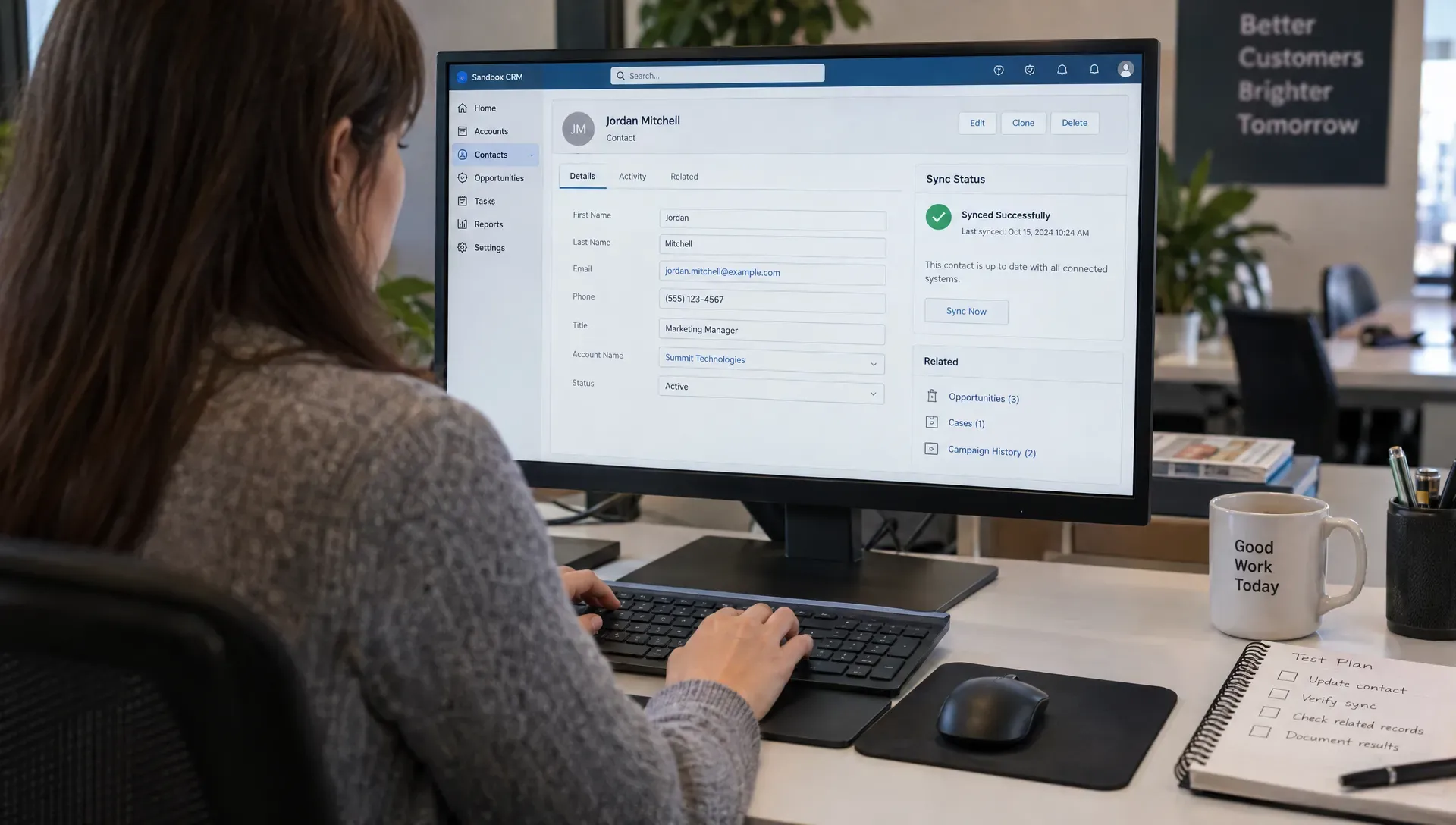 A CRM administrator tests a prospect record update and checks its sync status before the workflow goes live.