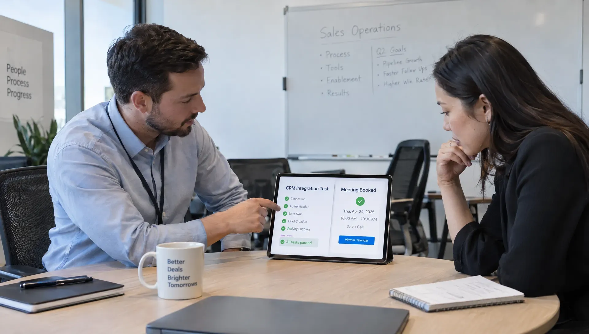 A sales operations lead and representative review CRM and meeting-booking test results for an AI sales assistant.
