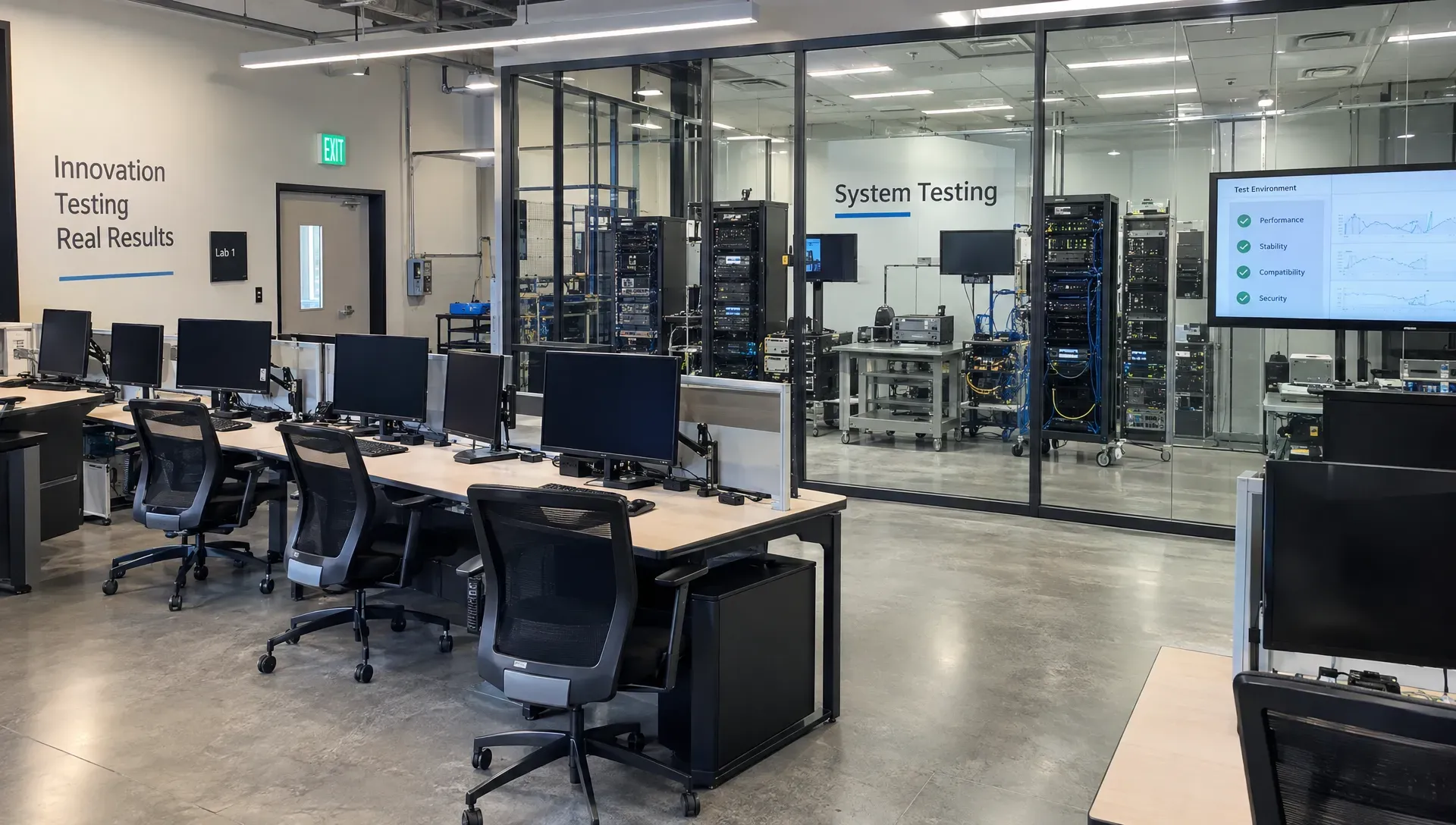A software testing lab with workstations and network equipment offers a view of the technical environment behind a B2B software evaluation.