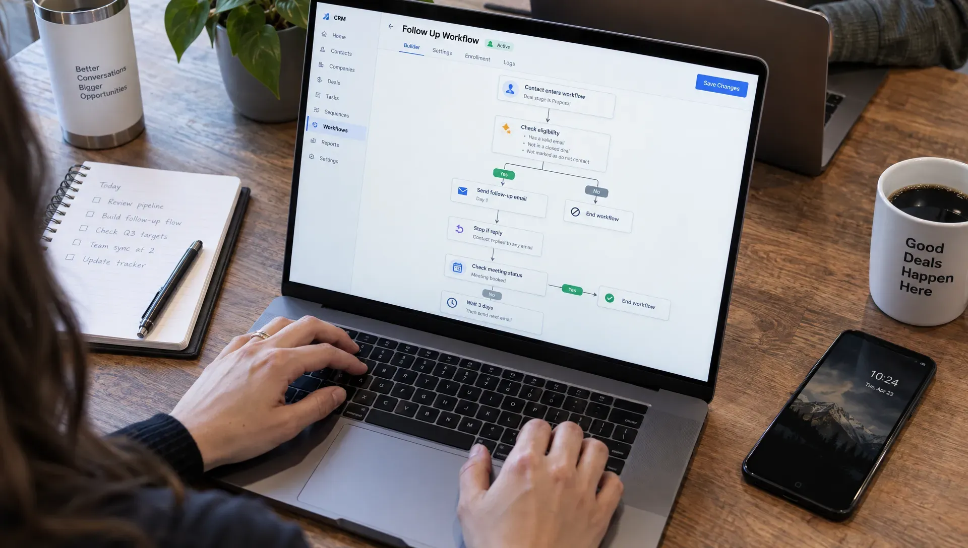 A sales operations specialist configures follow-up eligibility and stop rules in a CRM workflow.
