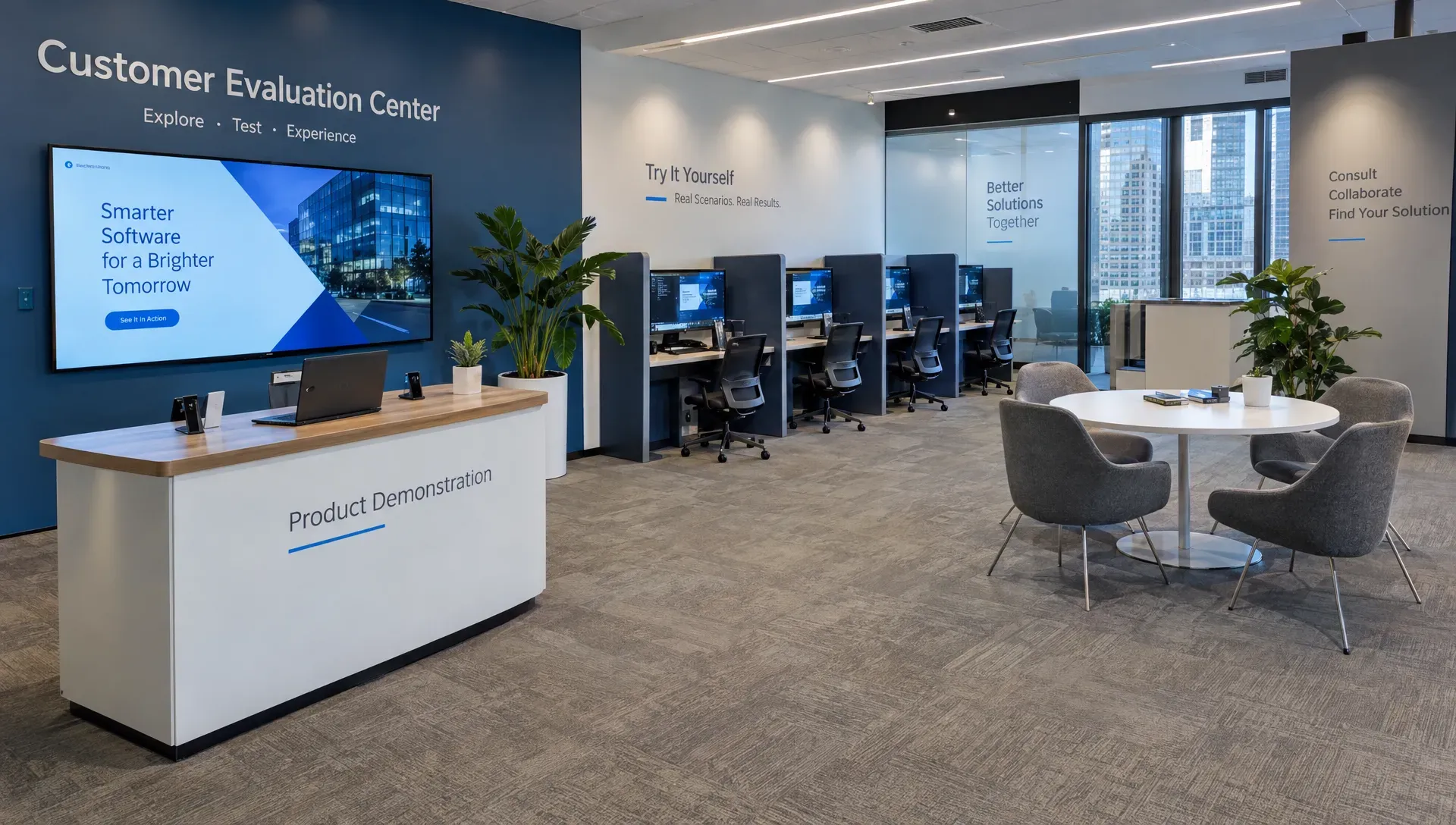 A software evaluation center offers workstations for independent trials and a space for product demonstrations.