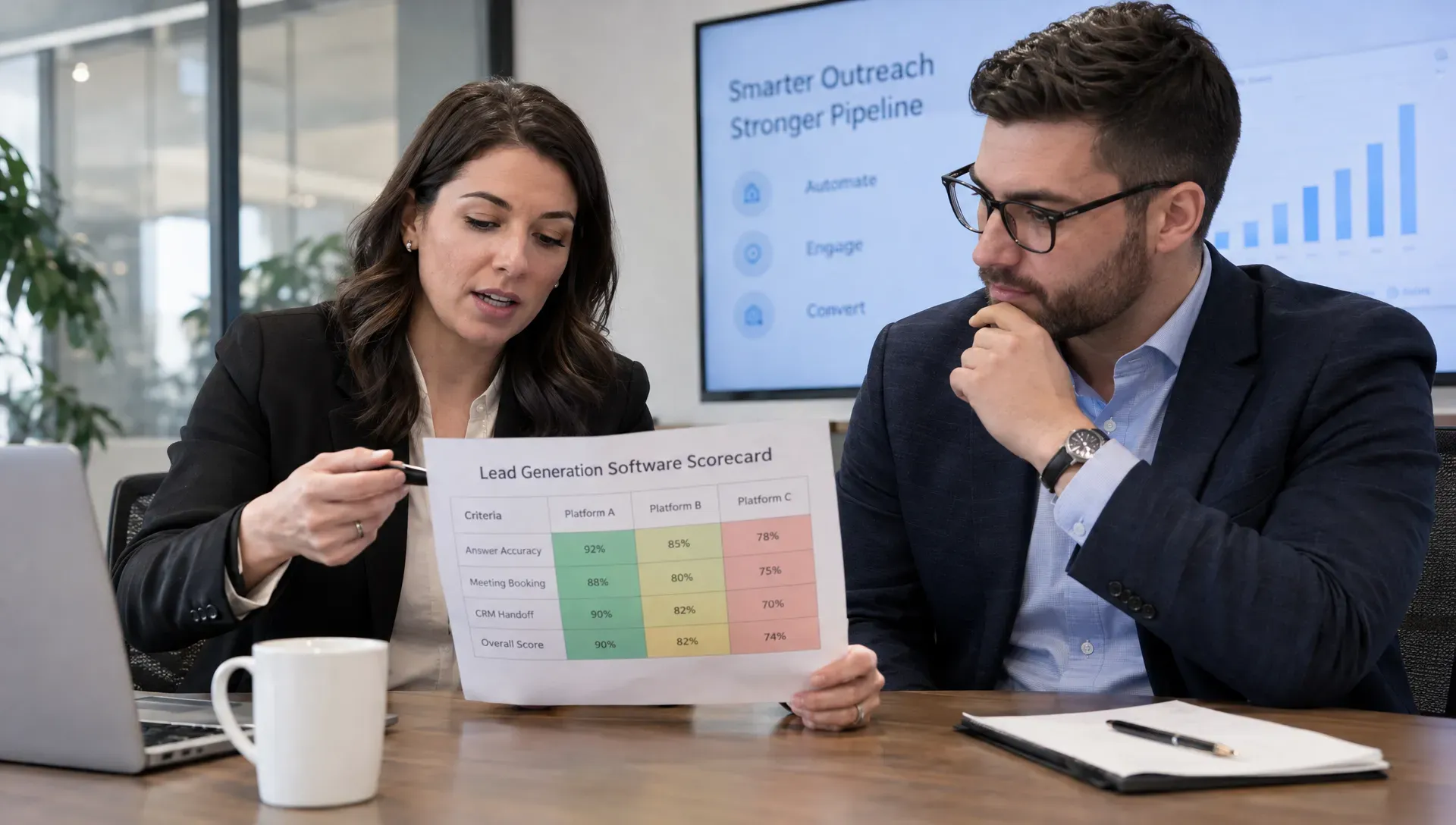 Two sales and marketing colleagues review a printed scorecard for lead generation software, comparing answer accuracy, meeting booking and CRM handoff around a meeting table.