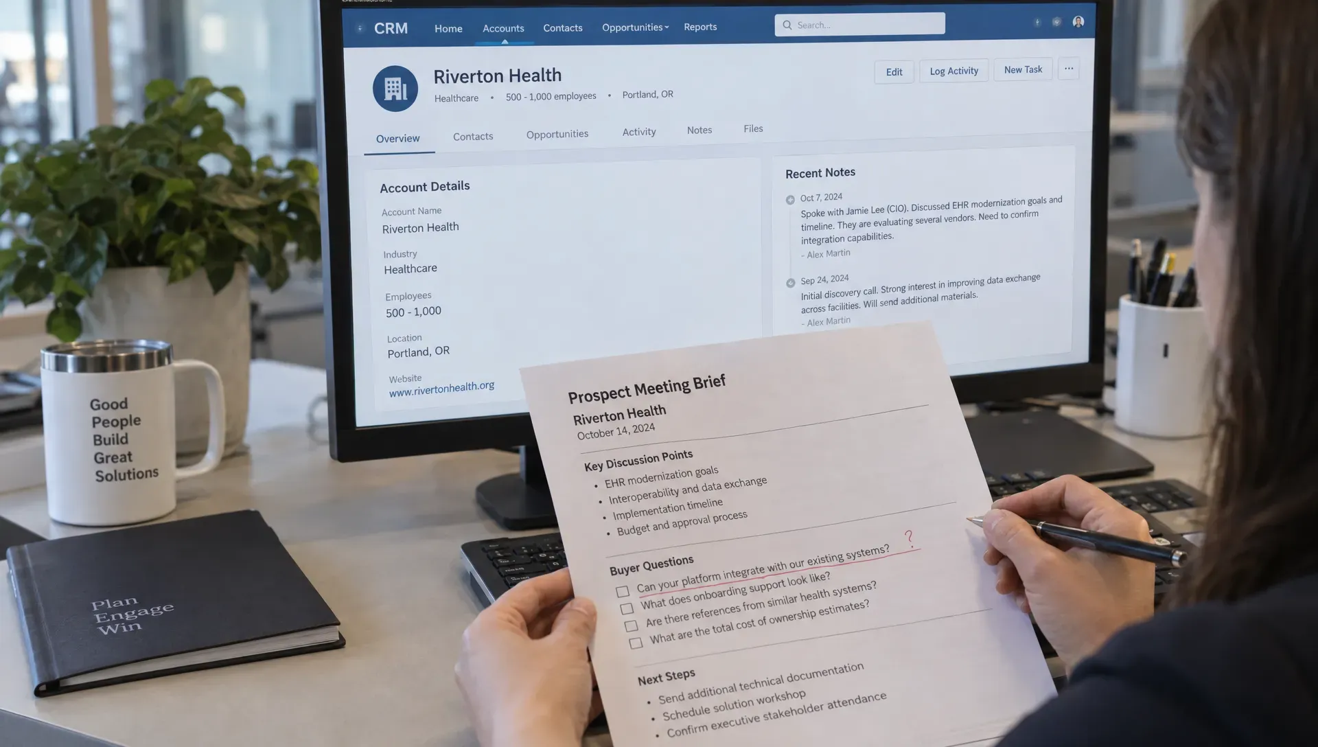 A sales rep checks a prospect brief against CRM notes before a meeting, with an unanswered integration question marked for follow-up.
