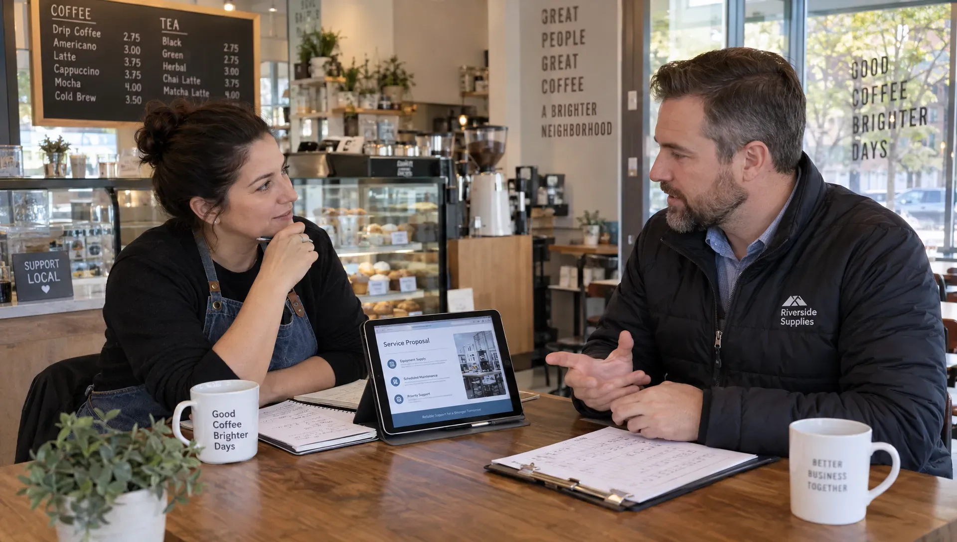 A café owner and a supplier discuss a service proposal and budget, illustrating how business buyers weigh a purchase together.
