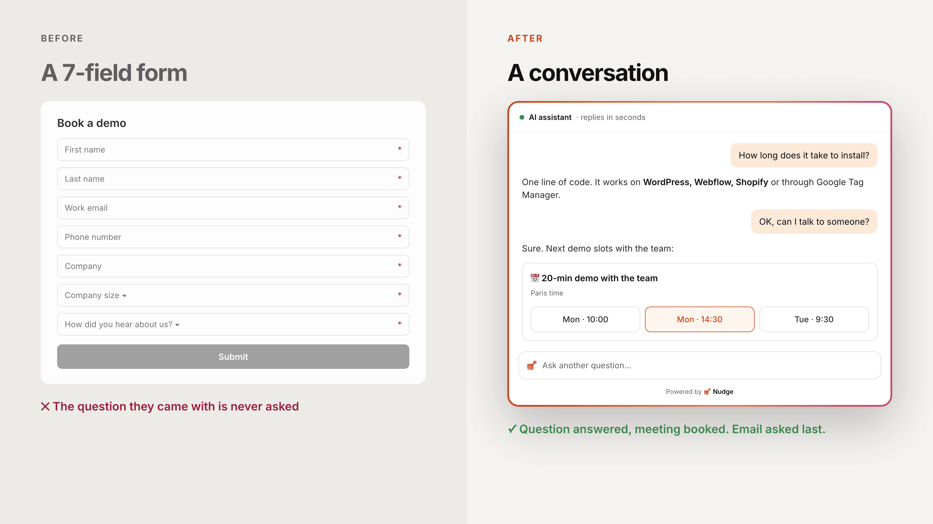 Same visitor, same page: a 7-field form vs. a conversation