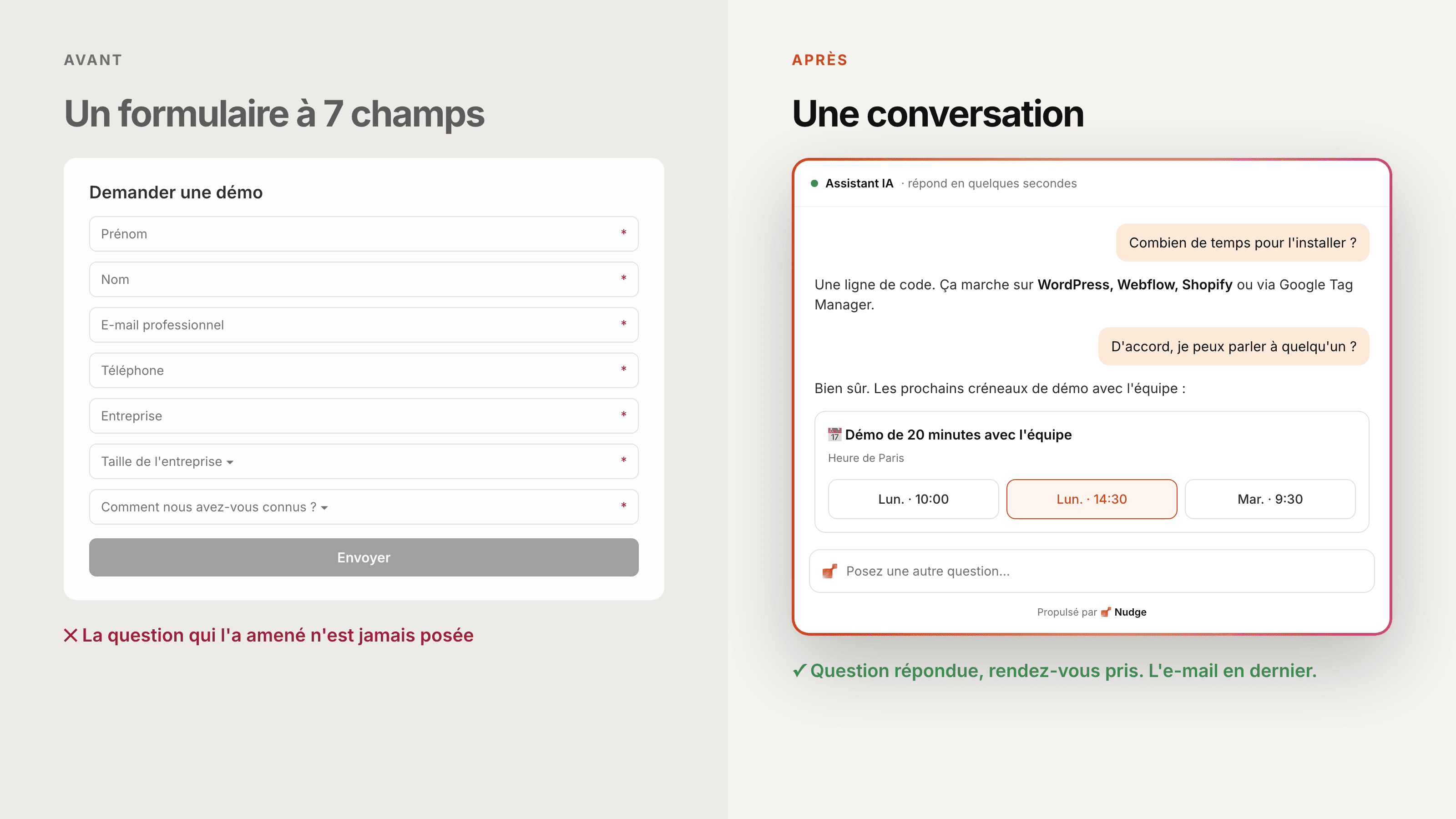 Même visiteur, même page : un formulaire à 7 champs face à une conversation